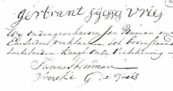 Handtekeningen van Gerben Sijtses de Vries, zijn dochter en schoonzoon ca. 1801