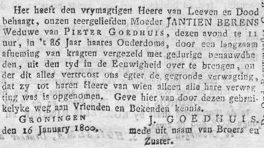Overlijdensannonce Jantien Goedhuis-Berends (1800)