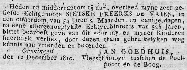 Overlijdensannonce Sietske Goedhuis-de-Vries (1810)